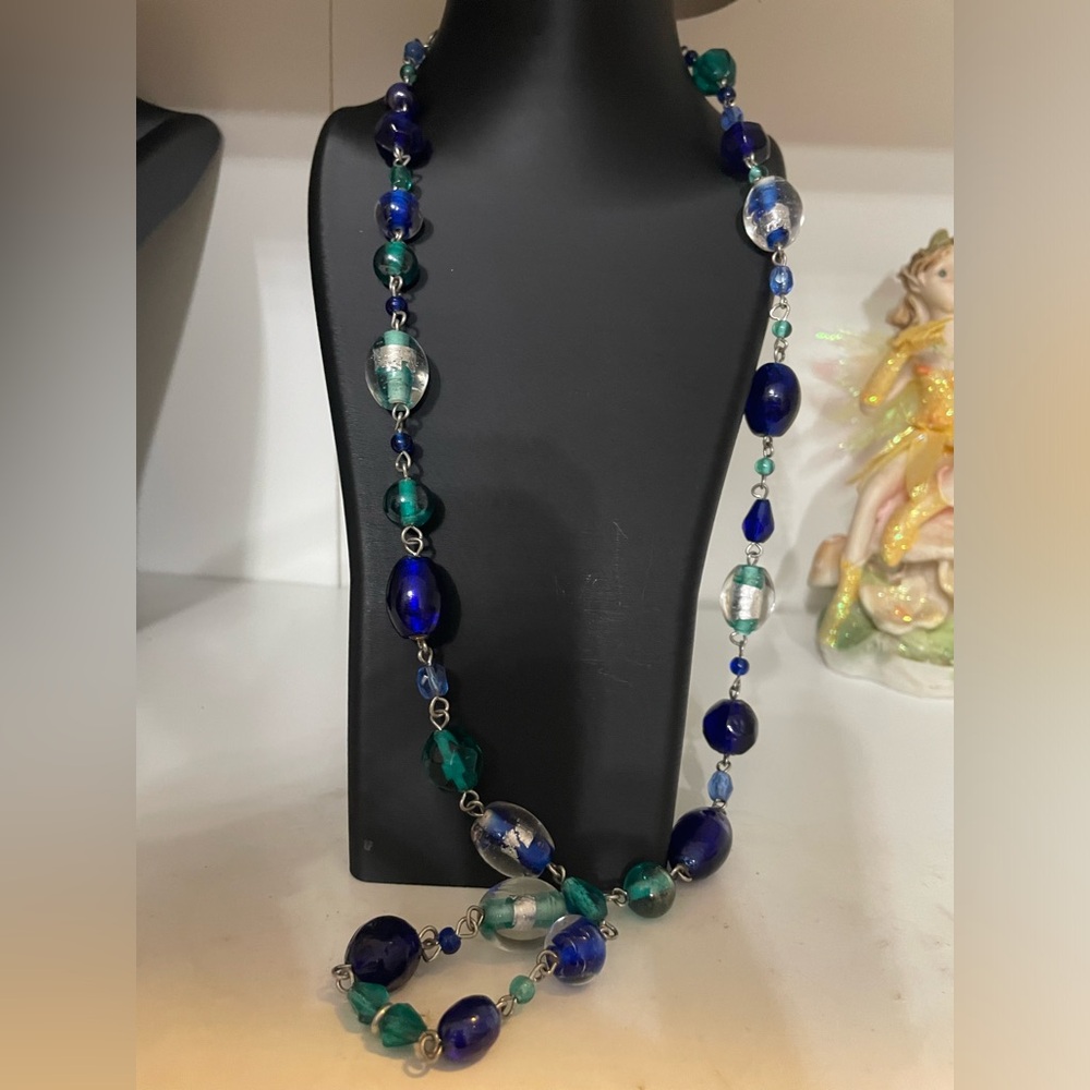Elegant Blue and Green  Glass Beaded Necklace